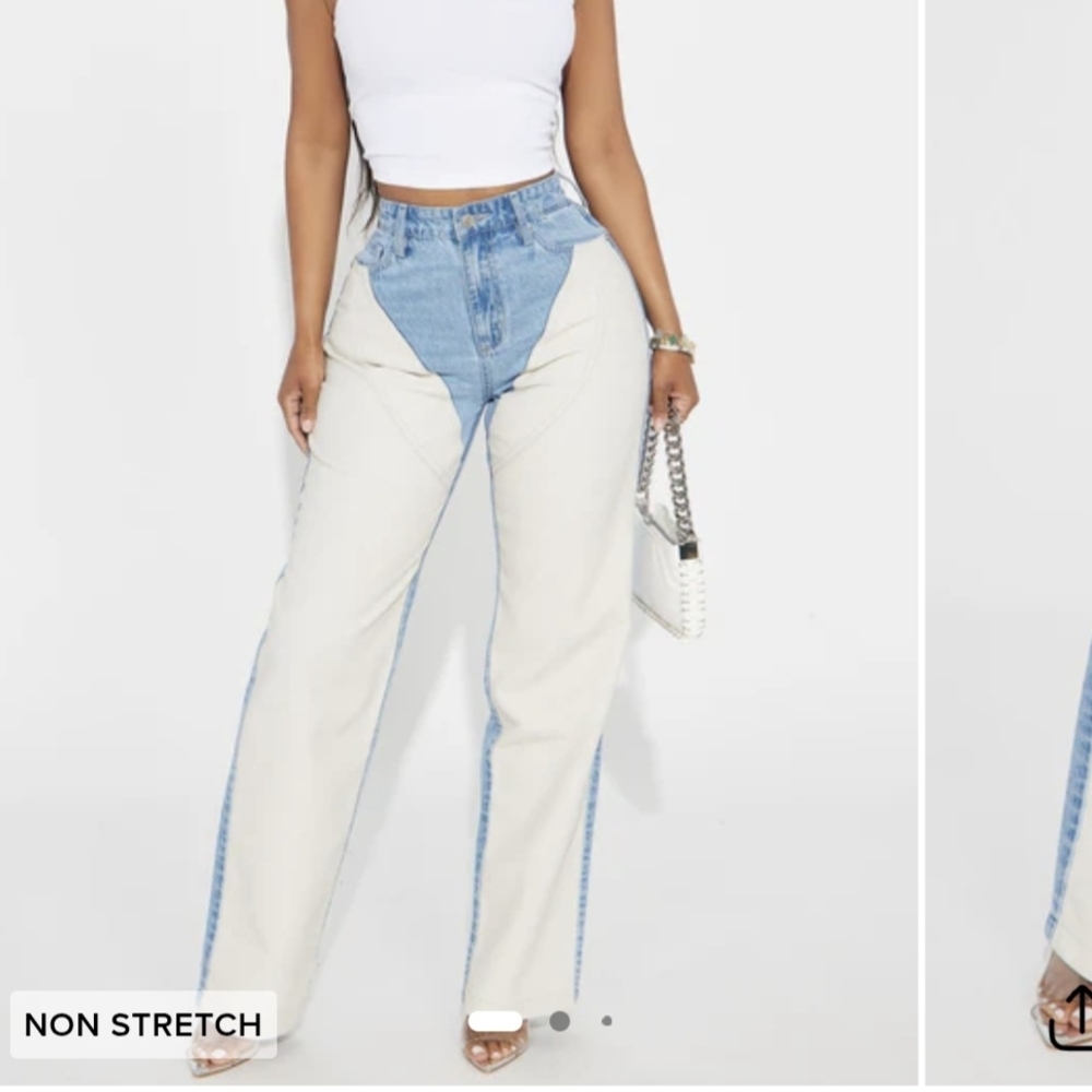 Two-Tone High-Waist Straight Leg Jeans - Light Blue & Cream